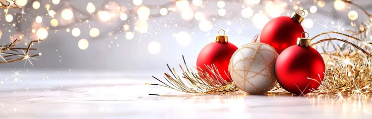 A golden border with golden fir branches, gold stars, red balls, and lights is isolated on a transparent background. Pine, xmas plants seamless banner.