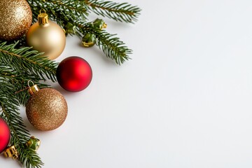 Christmas tree with baubles decoration and copy space on gray background