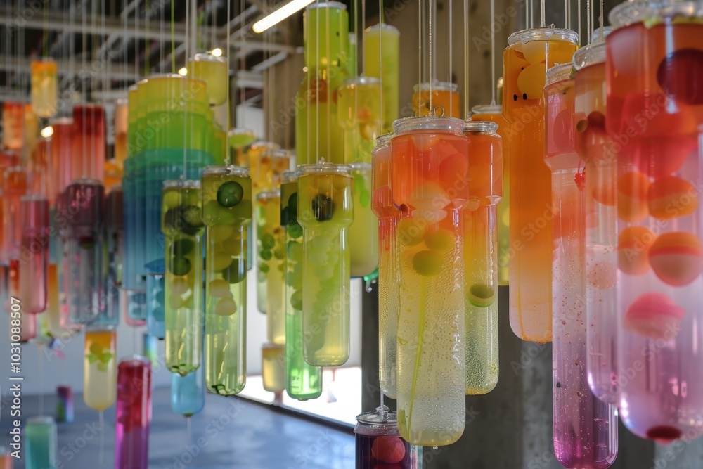 Poster colorful display of translucent containers filled with glowing orbs and floral decorations in a mode