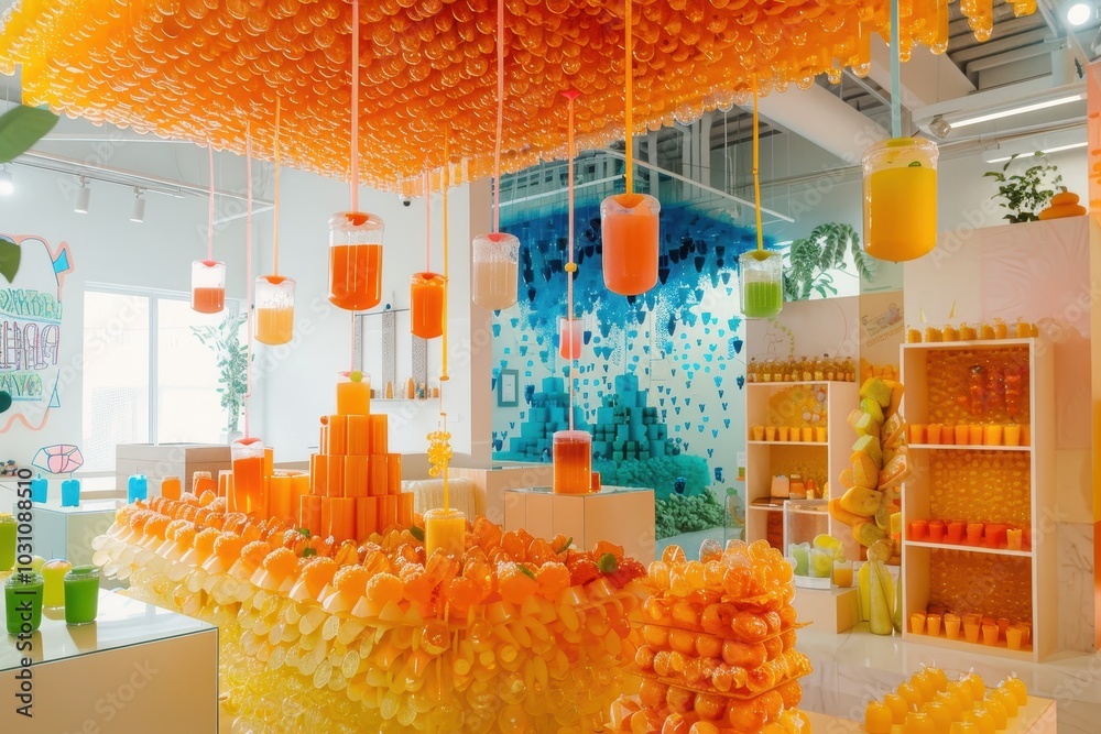 Poster colorful display of translucent containers filled with glowing orbs and floral decorations in a mode
