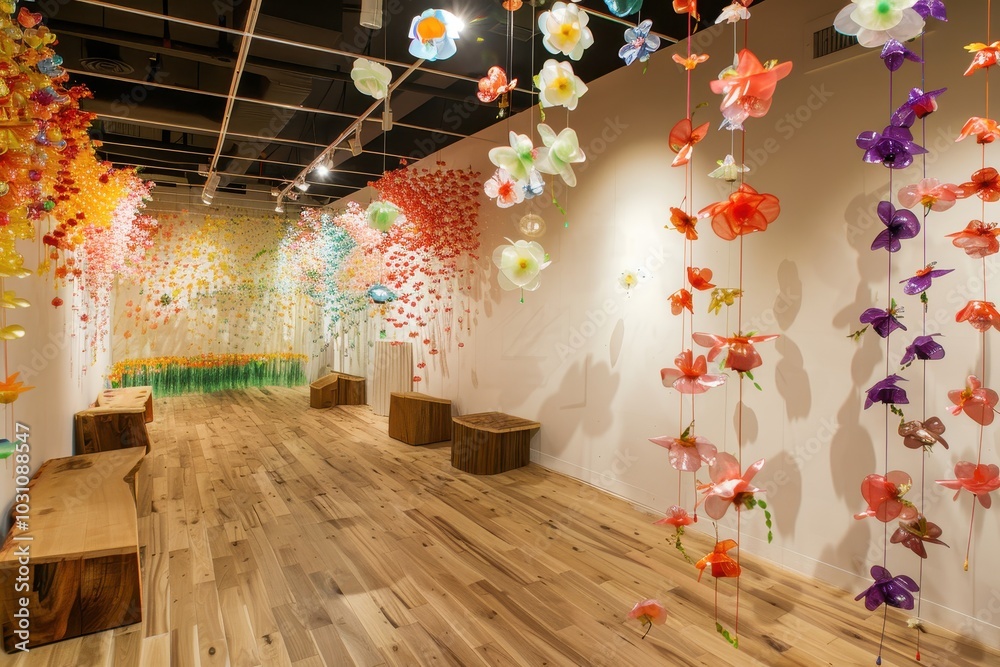 Poster colorful display of translucent containers filled with glowing orbs and floral decorations in a mode