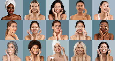 A group of women of various ages engages in a skincare routine, smiling and applying products. The setting is bright and modern, fostering a sense of wellness and self-care.