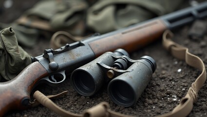 Obraz premium Binoculars and rifle abandoned in war zone symbol of loss and turmoil