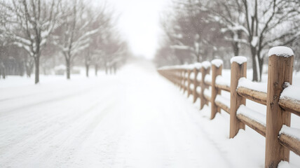 Snow-covered wooden fence bordering a road with tire tracks, leading through an avenue of trees during snowfall