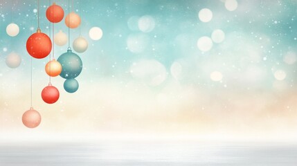 Banner festive holiday background with hanging ornaments and soft bokeh lights with copy space