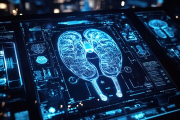 Human bladder depicted with AI technology on a digital HUD interface, showcasing futuristic healthcare solutions.