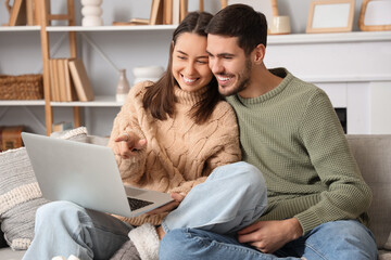 Loving couple using laptop at home on winter day