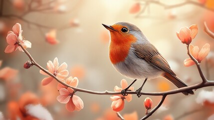 A vibrant bird perched on a branch adorned with blossoms in a serene, natural setting.