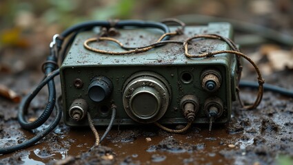 Abandoned military radio set in mud with cracked speaker symbolizing broken communication