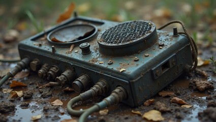 Abandoned military radio set in mud with cracked speaker symbolizing broken communication