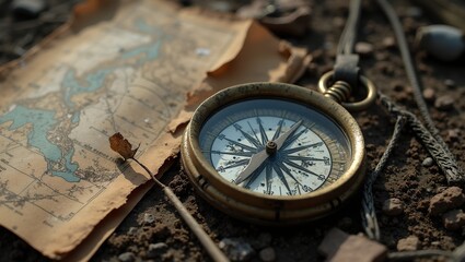 Damaged compass among maps and fallen soldiers pack debris