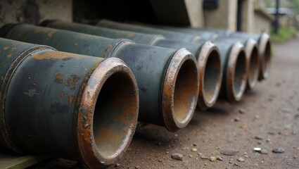 Obraz premium Rusty artillery shells in a row by bunker ready for use