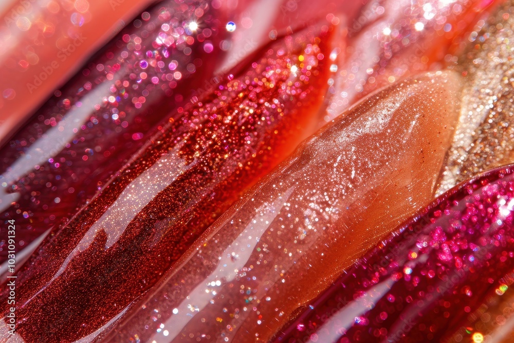 Fototapete Colorful liquid textures arranged in vibrant stripes, showcasing various shades of pink and red with droplets, creating a visually striking abstract design