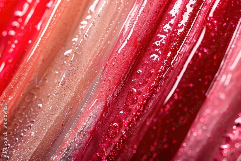 Poster colorful liquid textures arranged in vibrant stripes, showcasing various shades of pink and red with
