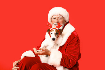 Happy Santa Claus with cute Jack Russell Terrier dog in reindeer horns on red background