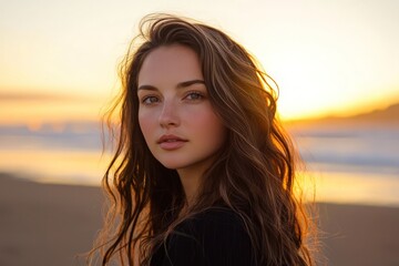 On a beach at sunset, a woman with long, wavy brown hair gazes directly at the camera.
