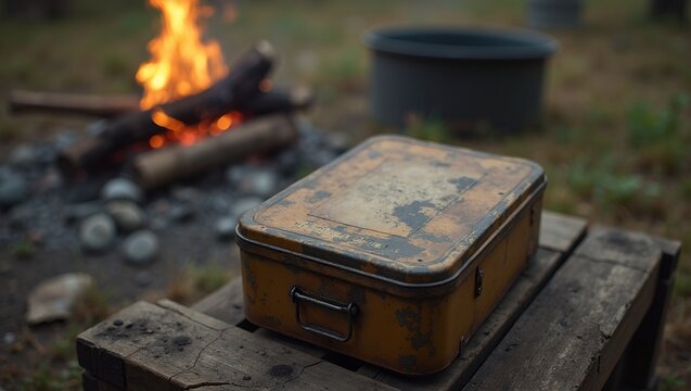 Vintage military ration tin on crate with campfire and mess kit