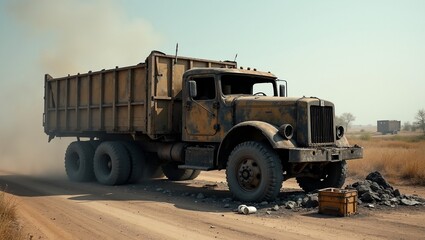 Obraz premium Abandoned military cargo truck on dirt road surrounded by debris