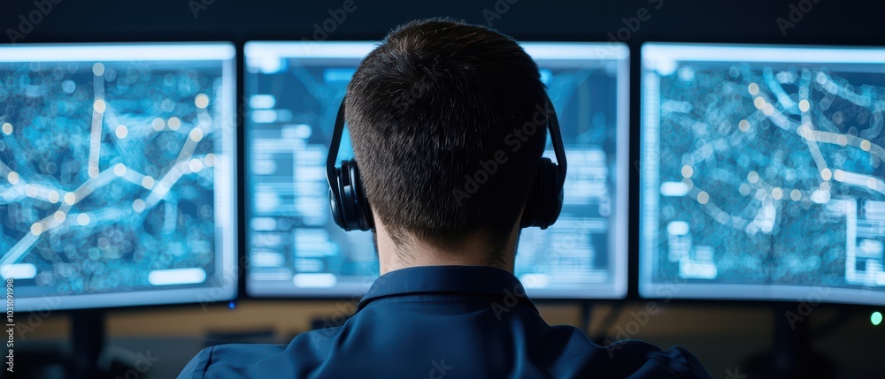 Poster a focused individual wearing headphones monitors multiple computer screens displaying data and graph