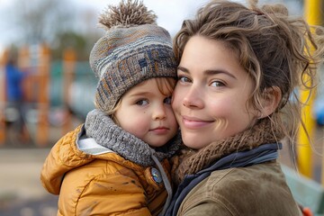 Obraz premium A mother embraces her young child at a playground, showcasing joy and warmth despite the chilly weather. The child wears a cozy hat and the bond between them is evident