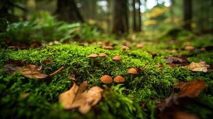 A group of small brown mushrooms growing on a bed of green moss in a forest.