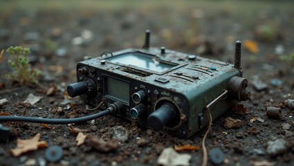 Broken radio transmitter on battlefield   wires exposed buttons smashed