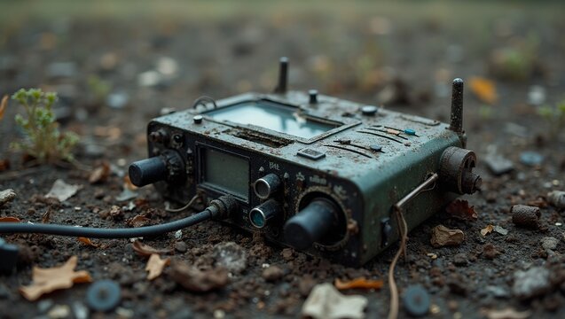 Broken radio transmitter on battlefield   wires exposed buttons smashed