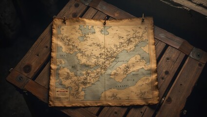 Obraz premium Vintage map with battle plans on table in dimly lit bunker