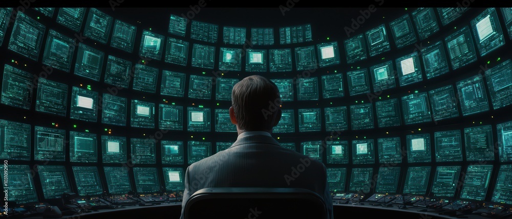Poster a professional monitoring multiple screens displaying data, illustrating modern technology and infor