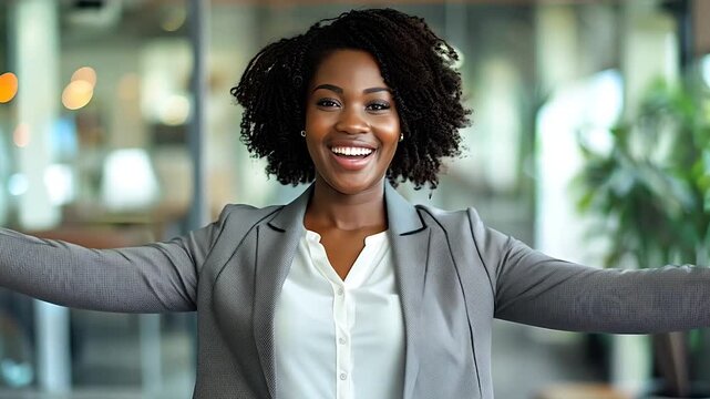 A cheerful professional woman opens her arms wide in a welcoming gesture inside a bright office space. AI