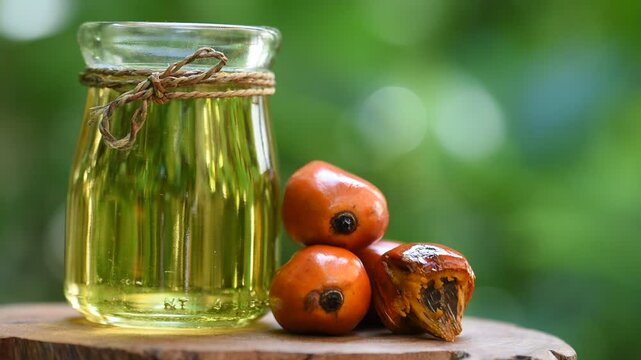 Palm, Oil palm, African oil palm or Macaw-fat fruits and oil on natural background.