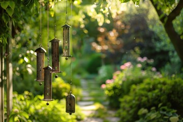 Wooden wind chimes gently swaying amidst vibrant red roses in a lush garden surrounded by greenery on a sunny day