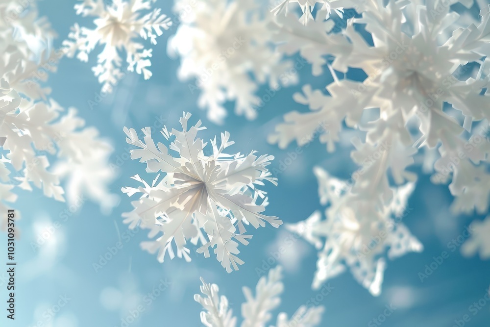 Poster Close-up view of delicate snowflakes resting on a soft layer of snow during a sunny winter afternoon, creating a serene and tranquil outdoor scene