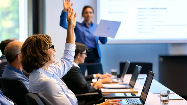 A diverse group of participants attentively engages in an interactive business seminar. One individual, seated in the foreground, raises their hand to ask a question