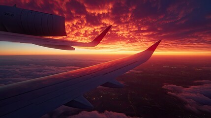 Airplane wing silhouette with a fiery sunset.