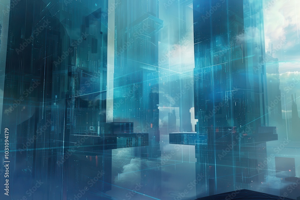 Poster a futuristic cityscape with towering glass structures and floating platforms illuminated by vibrant 