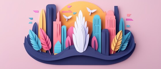 A vibrant paper-cut cityscape with colorful leaves and a sunset backdrop, creating a playful and artistic atmosphere.