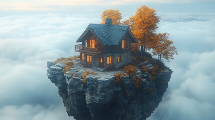 A whimsical house perched on a floating rock amidst clouds, evoking fantasy and serenity.