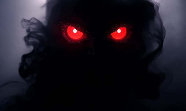 A dark shadow spirit lurks in the shadows its piercing red eyes glowing with an eerie light.

