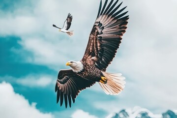 Naklejka premium An eagle soars effortlessly through the sky, showcasing its majestic wings against a backdrop of clouds.