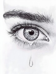 Obraz premium A close-up black and white drawing of a teary eye, capturing the raw emotion of sadness and vulnerability.