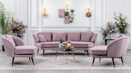 Fototapeta premium Elegant Pink Living Room Furniture Set with Flowers