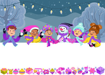 Happy kids in bright winter clothes and a snowman. Greeting card template. Cheerful children, Christmas decor, and a place for your text. Vector illustration.