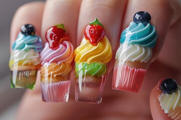 Colorful cupcake-inspired nail art featuring intricate designs with vibrant icing and fruit toppings displayed on elegant fingernails during a creative nail art session