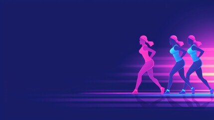 Fototapeta premium Dynamic illustration of three women in a running pose, showcasing movement and energy against a vibrant background.