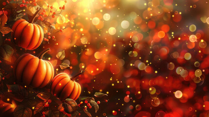Dark orange Thanksgiving banner with three orange pumpkins in autumn leaves and yellow red bokeh lights background, copy space. Halloween concept. 