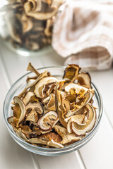 Dried porcini mushrooms. Sliced boletus in bowl on white table.
