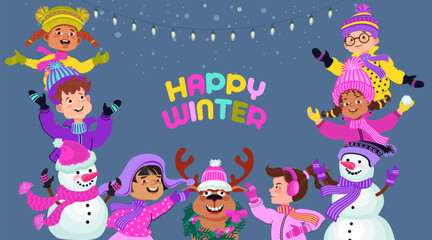 Happy Winter. Children in warm winter costumes. Group of cute kids smiling in bright clothes. Cartoon children, snowmen, deer. Multiethnic boys and girls. Vector illustration.