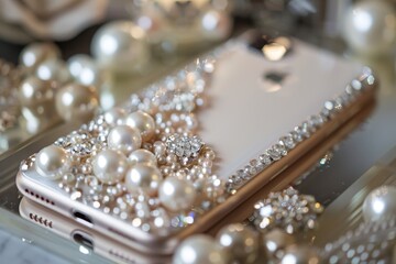 A decorative phone case embellished with pearls and crystals is surrounded by an array of shimmering pearls on a soft blue fabric background, creating an elegant display