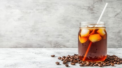 Iced coffee in a glass jar with ice cubes and coffee beans, on a textured background for refreshing beverage concepts.